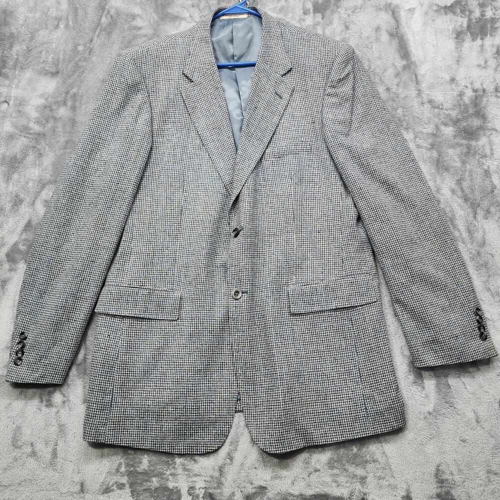 Travelsmith Sport Coat Mens 42L Black White Blue Silk Tweed‎ Houndstooth Blazer